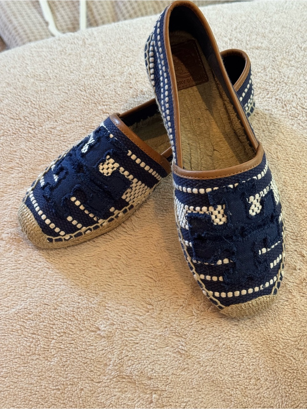 Tory Burch Navy Shaw Woven Canvas Espadrille Slip On Flats Size 8M